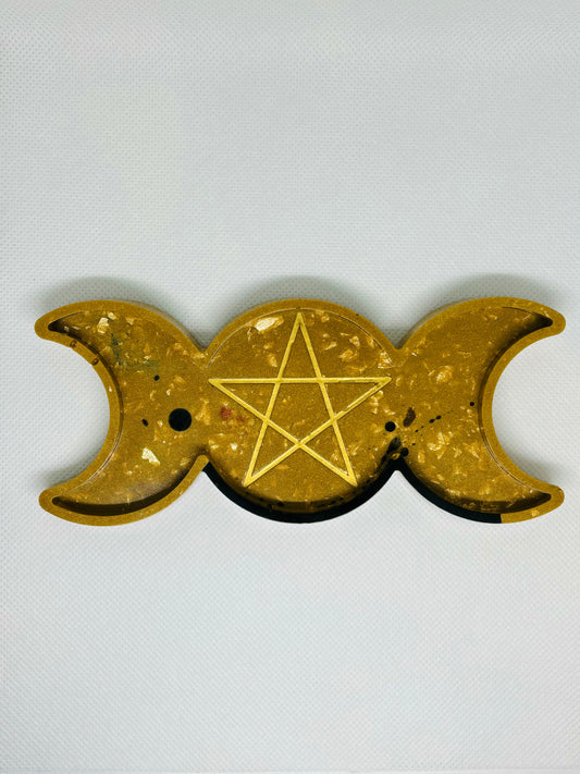Gold Triple Moon Shaped Resin Tray - Gold Painted Pentacle - Handmade