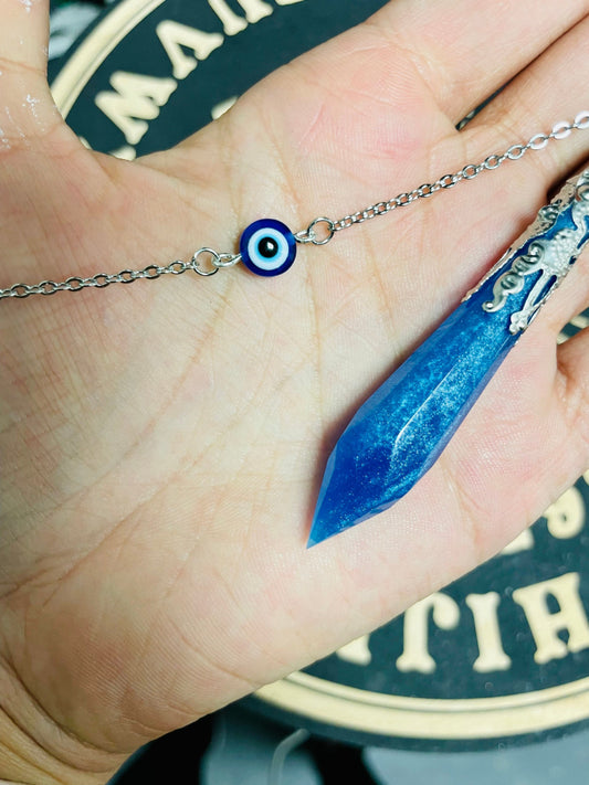 Evil Eye Resin Pendulum w Opalite Bead, Handmade, Small, Blue
