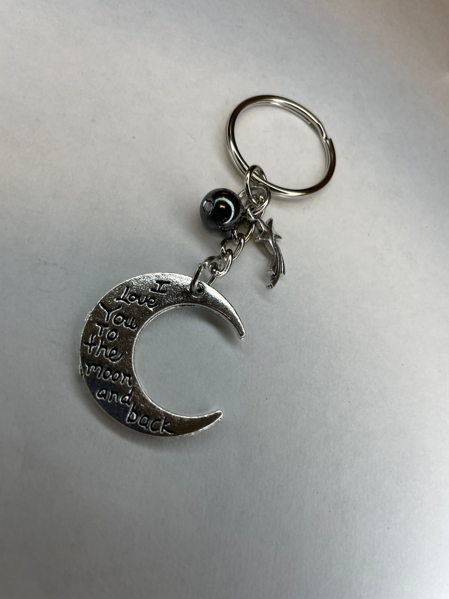 I Love You to the Moon and Back Keychain, Shooting Star, Hematite (grounding / protection)