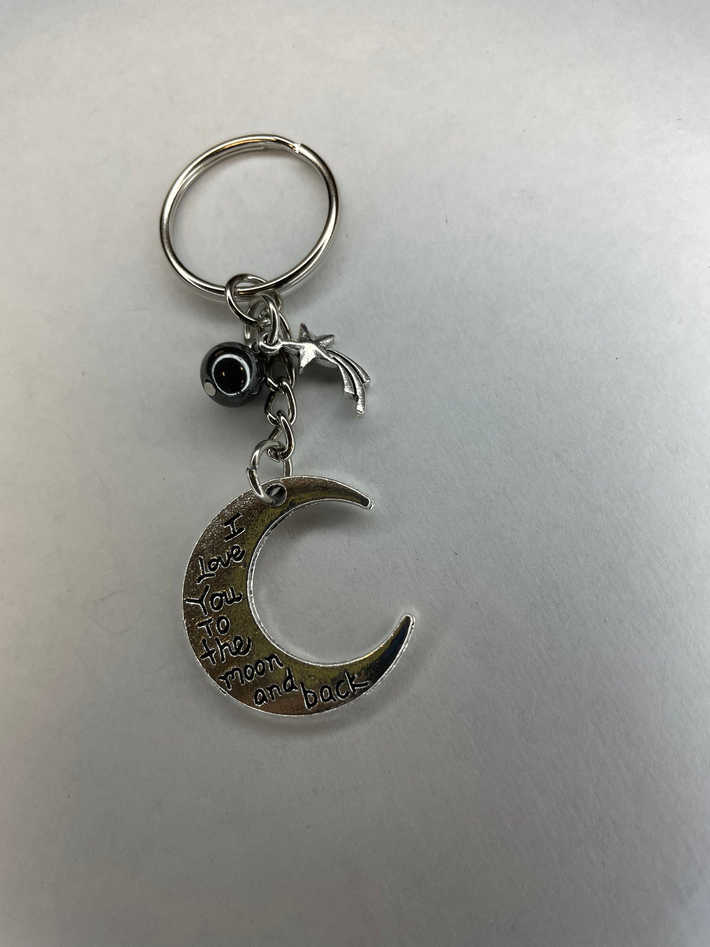 I Love You to the Moon and Back Keychain, Shooting Star, Hematite (grounding / protection)