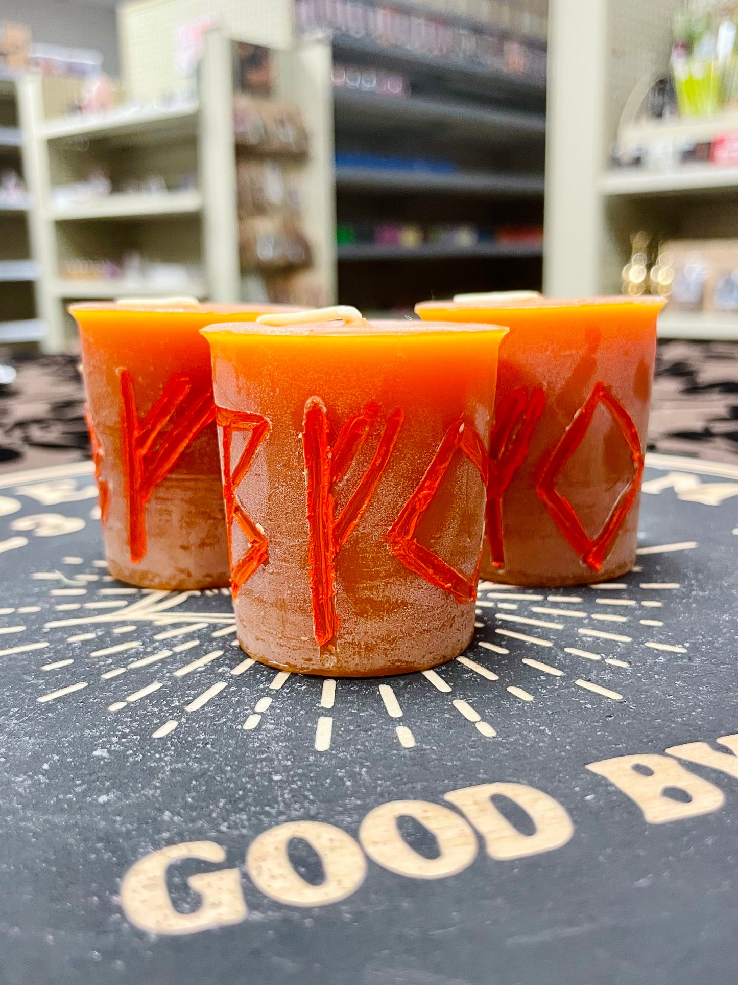 Fertility Rune Spell Candle Votive, Orange Beeswax Candle, Orange Scent