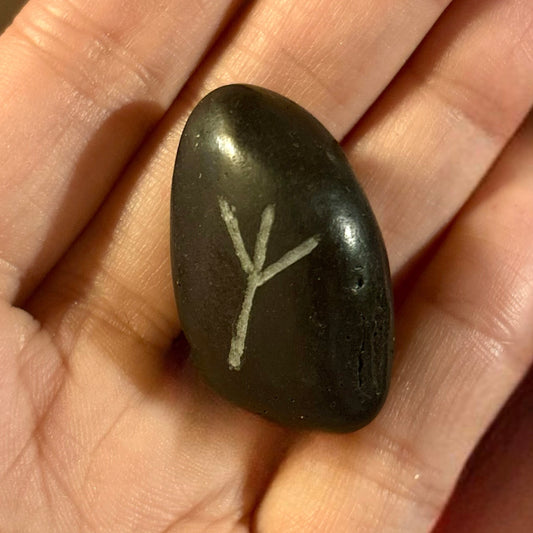 Black Obsidian Protection Palm Stone, Engraved by Hand, Carved Algiz Rune - Size Varies
