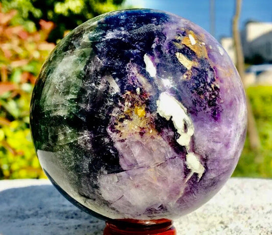 Medium Rainbow Flourite Sphere 1.4lbs w/ sphere stand, Purple & Green