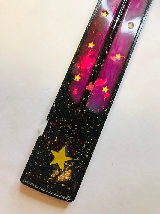 Incense Stick Burner, Resin Stick Burner, Marijuana Leaves, Black and Gold Stars - Made to Order
