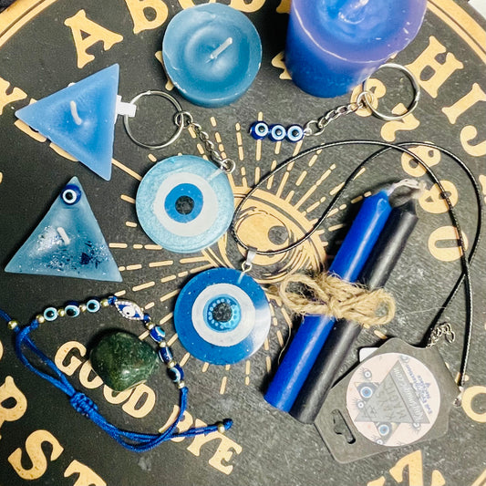 Evil Eye Protection Kit - 11 Pc - Jewelry, Keychain, Candle, and Crystal Set.