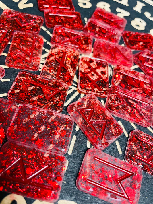 Red Foil Flake Runes - Elder Futhark Runes - Resin - 25 Pc Set - Made to Order