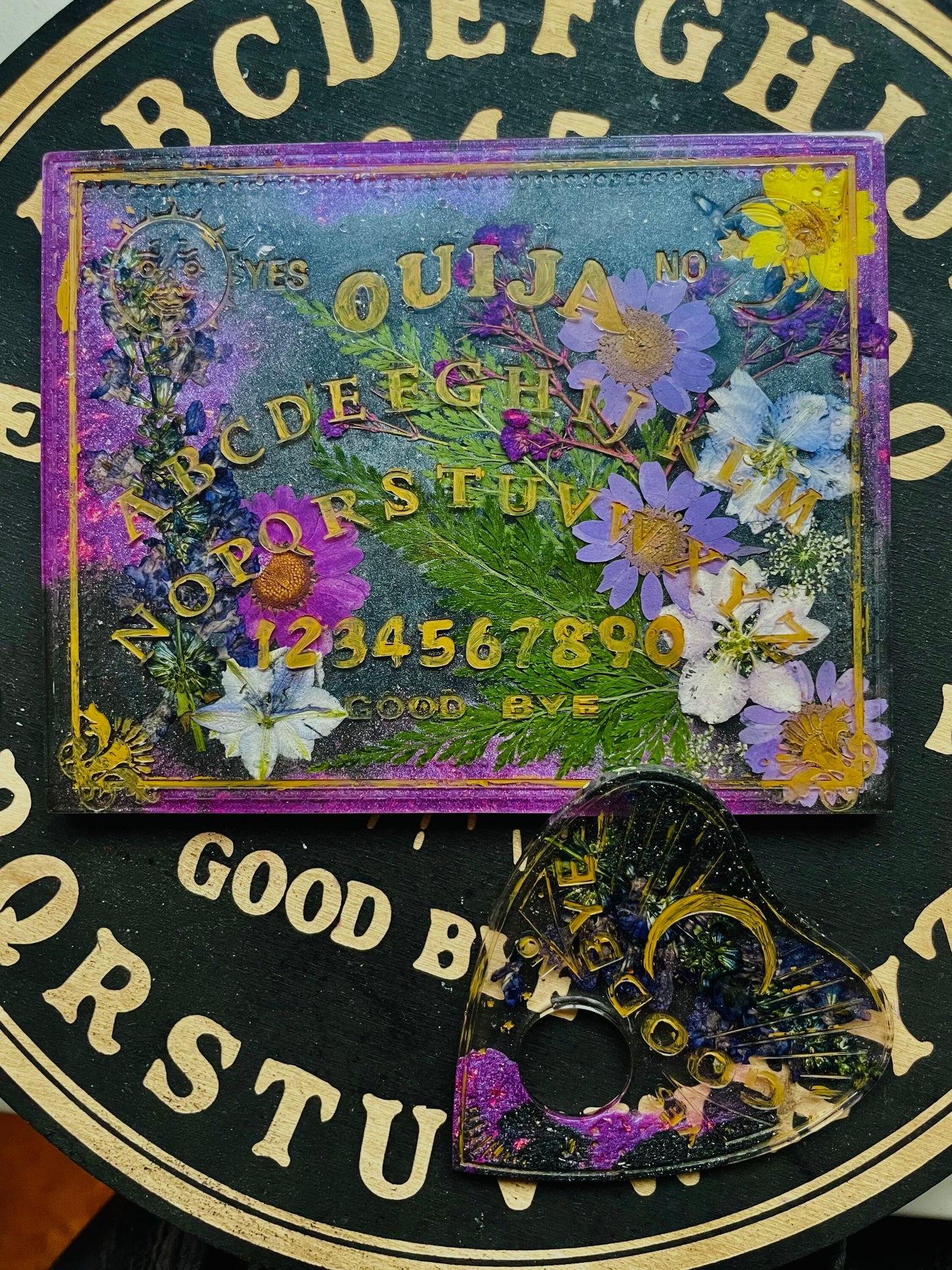 Purple Floral Sun & Moon Resin Ouija Board with Matching Planchette - Custom / Made to Order