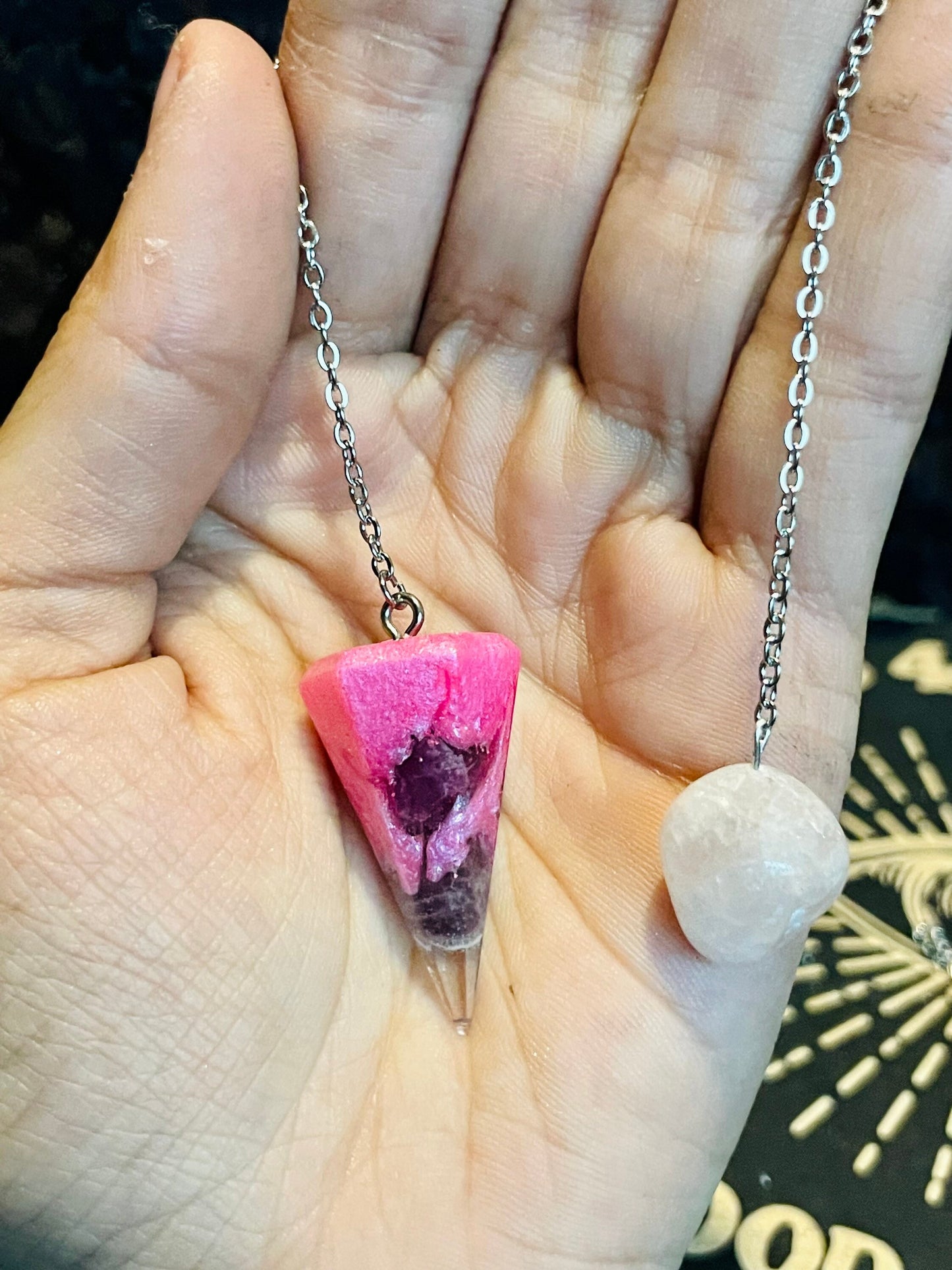 Pink Resin & Amethyst Chip Pendulum with Agate Stone Bead, Handmade, Choose Pendulum Size