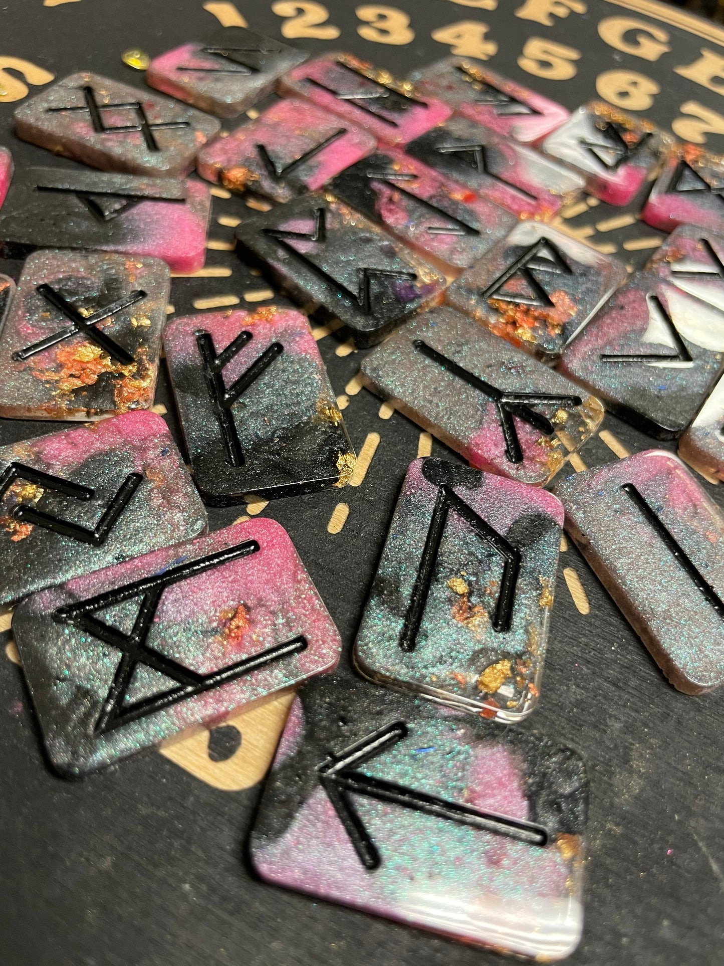 Pink & Black/Silver with Gold Flakes Rune Tile Set, 25 pc - Black Letters - Made to Order