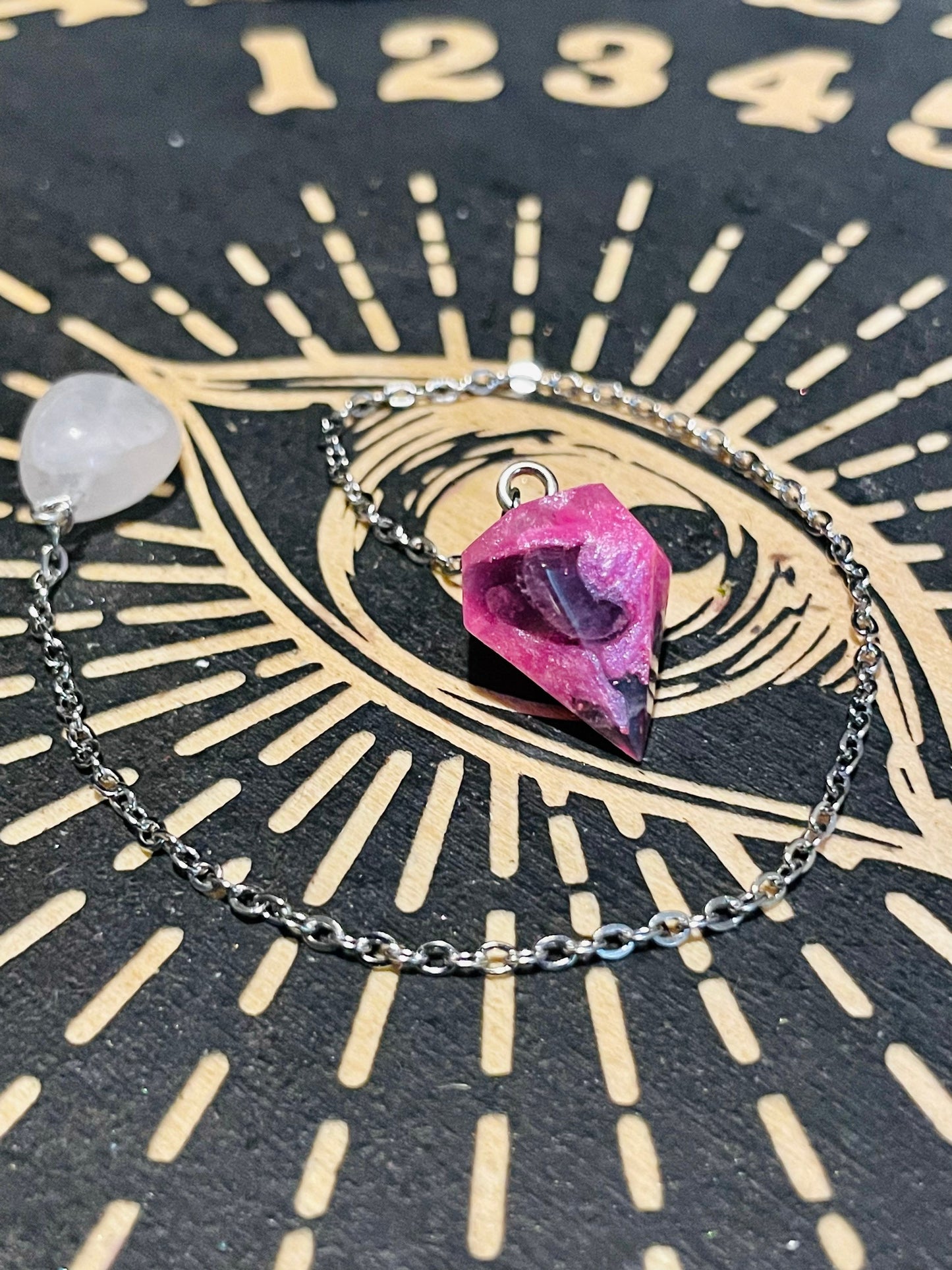 Pink Resin & Amethyst Chip Pendulum with Agate Stone Bead, Handmade, Choose Pendulum Size