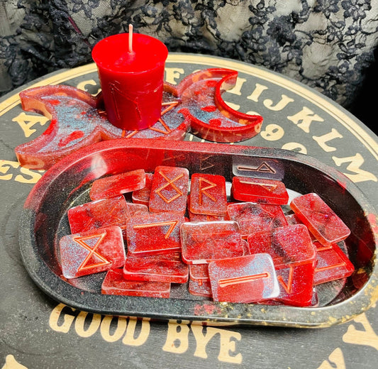 Red Resin Altar Decor Set, Triple Moon Trays  (2) + Elder Futhark Rune Set + Power Raising Rune Carved Spell Candle