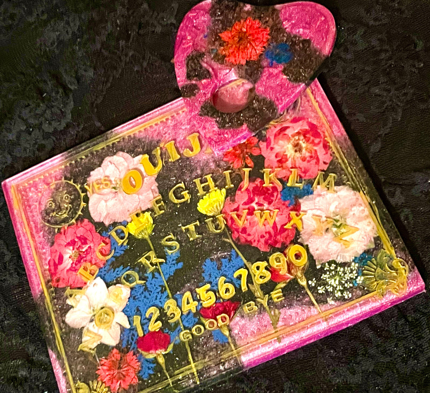 Pink & Black Floral Resin Ouija Board - Handmade