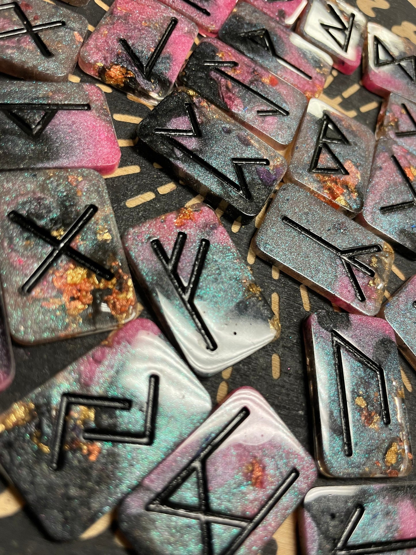 Pink & Black/Silver with Gold Flakes Rune Tile Set, 25 pc - Black Letters - Made to Order