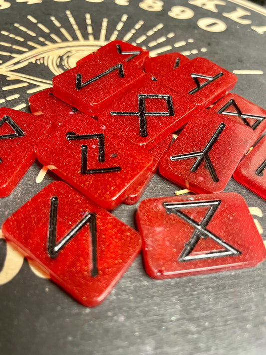 Red Resin Elder Futhark Runes - 25 Pc Set - Black Hand-painted Rune Letters - Handmade