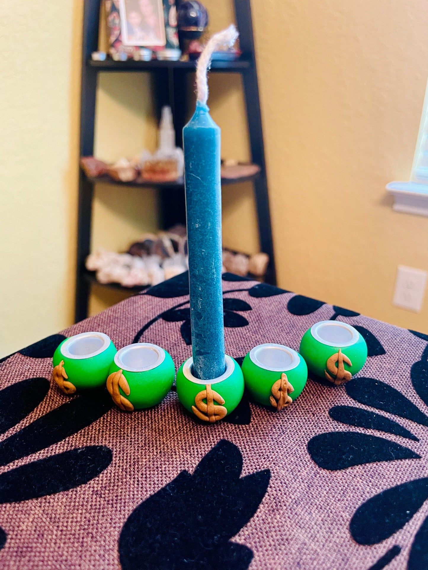 Money Draw Chime Candle Stick Holder - Green & Gold Clay - Handmade (Single)