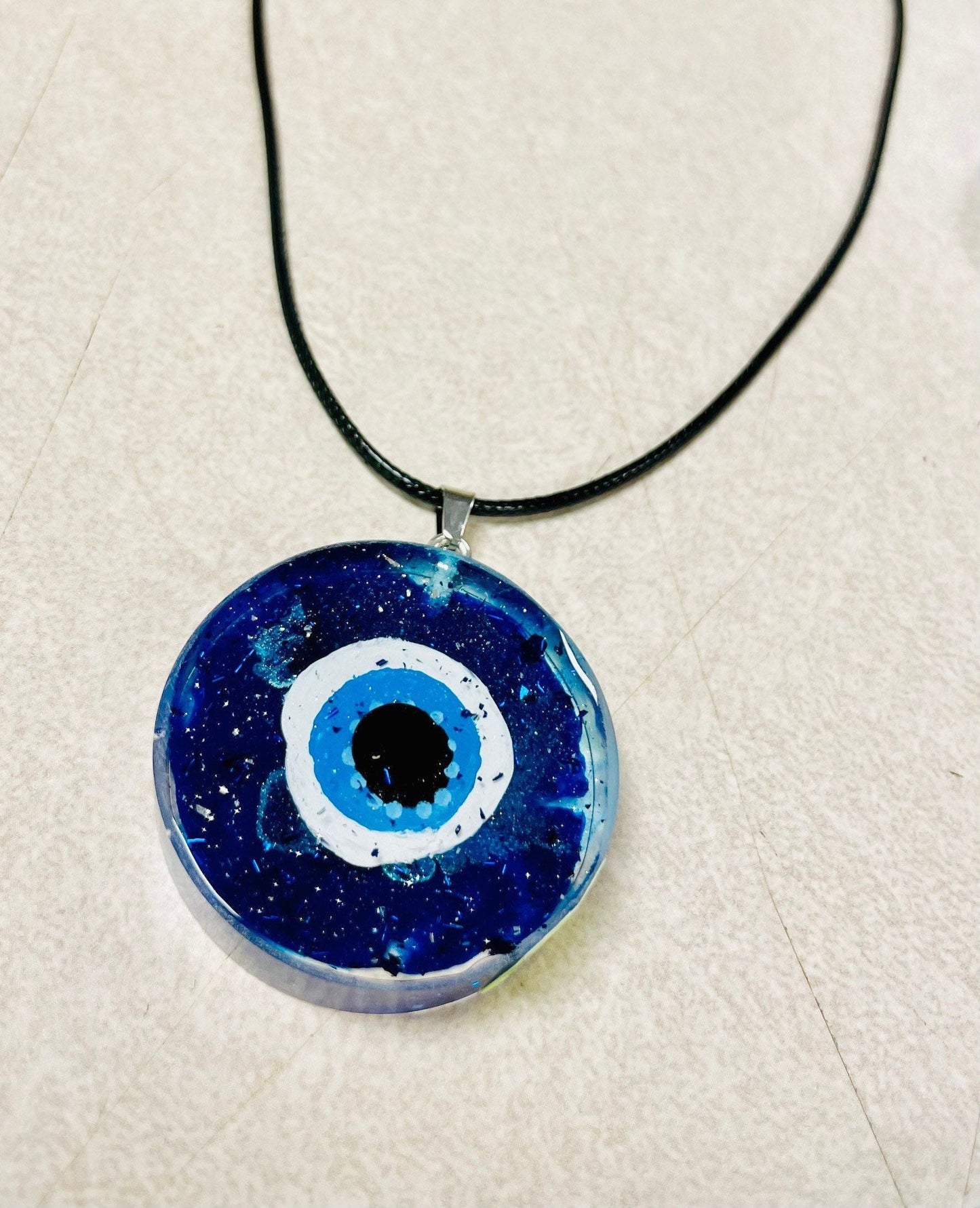 Evil Eye Protection Necklace, Black Wax Cord, Blue Glitter