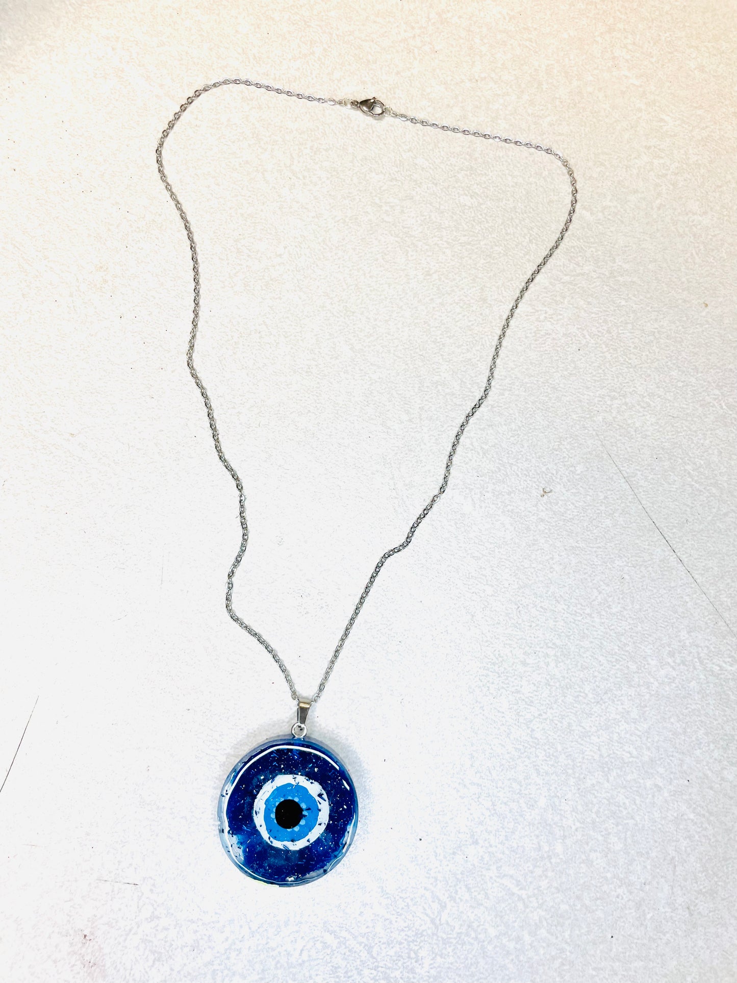 Resin Glitter Evil Eye Protection Necklace Amulet, Silver Stainless Steel Chain, Blue Glitter + Free One-Time Chain Repair