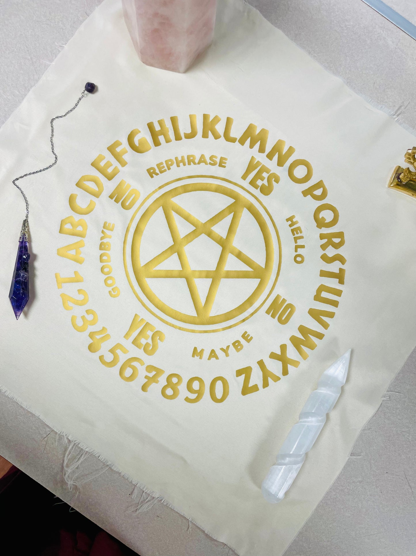 Pendulum Mat, Cloth, 18x18 in, Cream with Gold Letters,