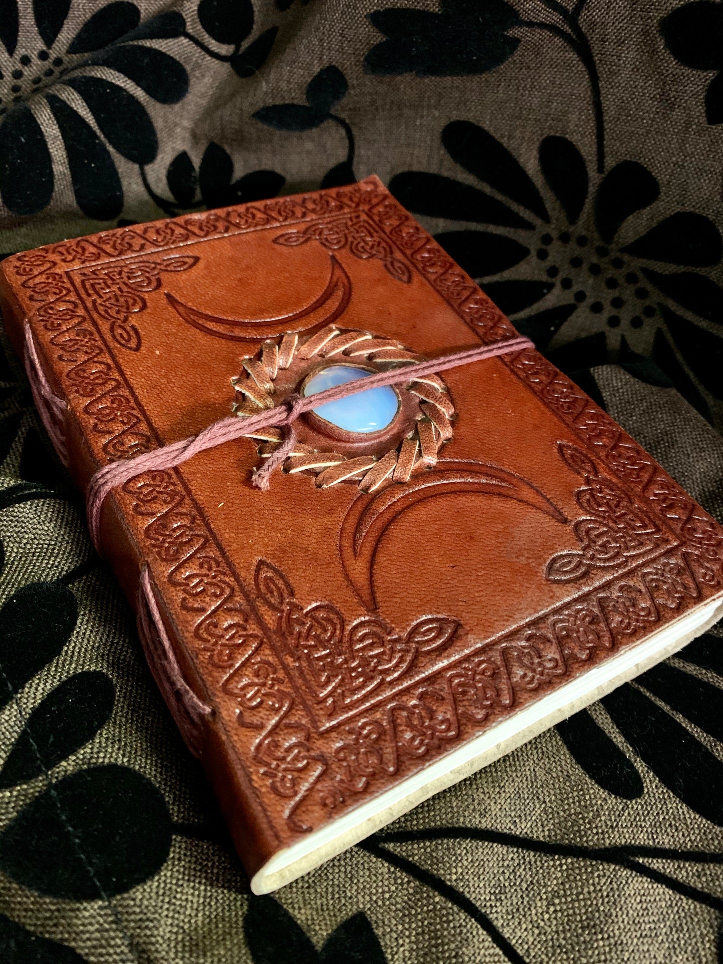 Triple Moon Leather Journal with Opalite Crystal, 5x7in