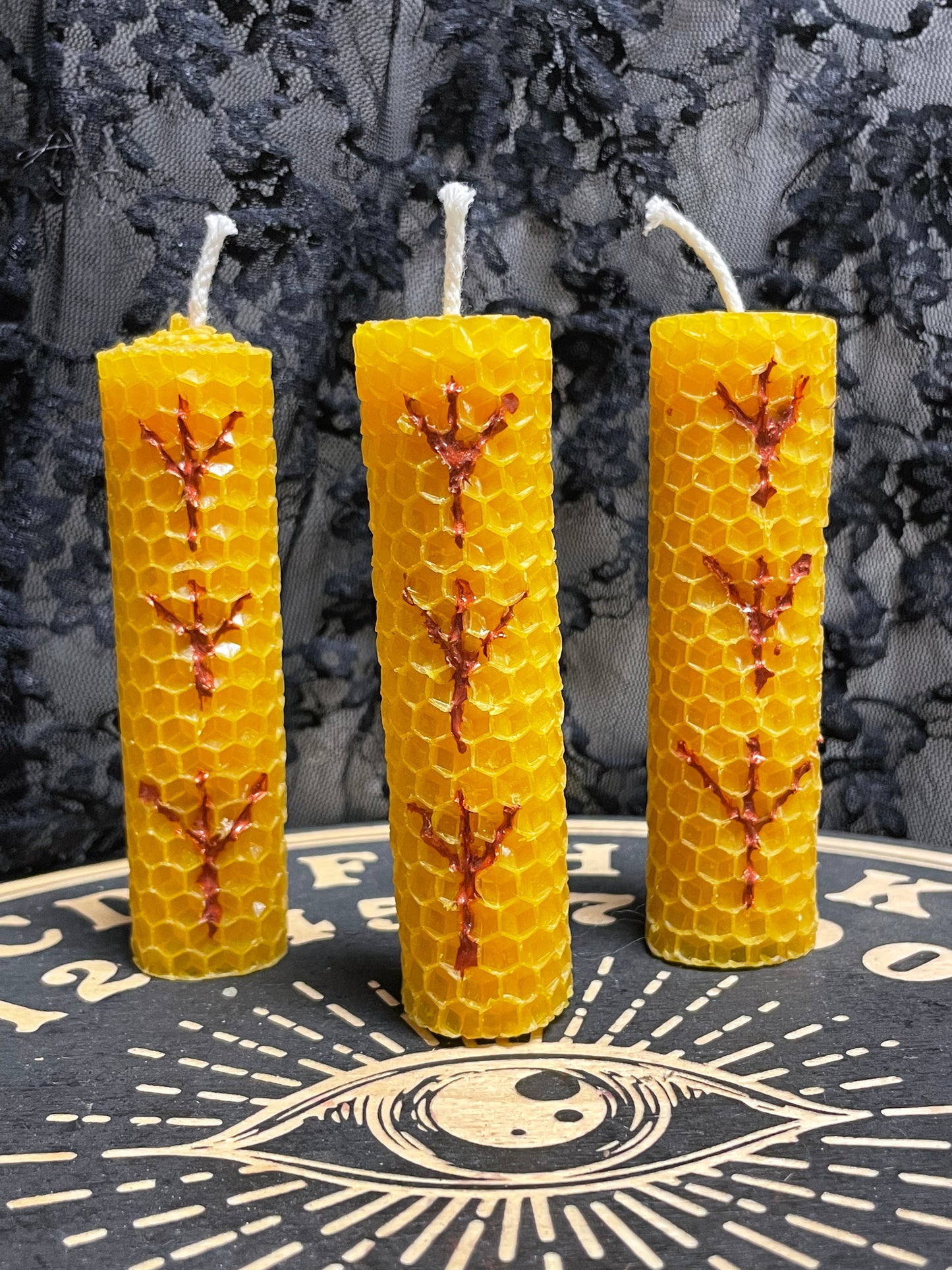 Protection Rune Beeswax Pillar Candle, 6 inch, Rolled Beeswax, Carved and Painted Candle