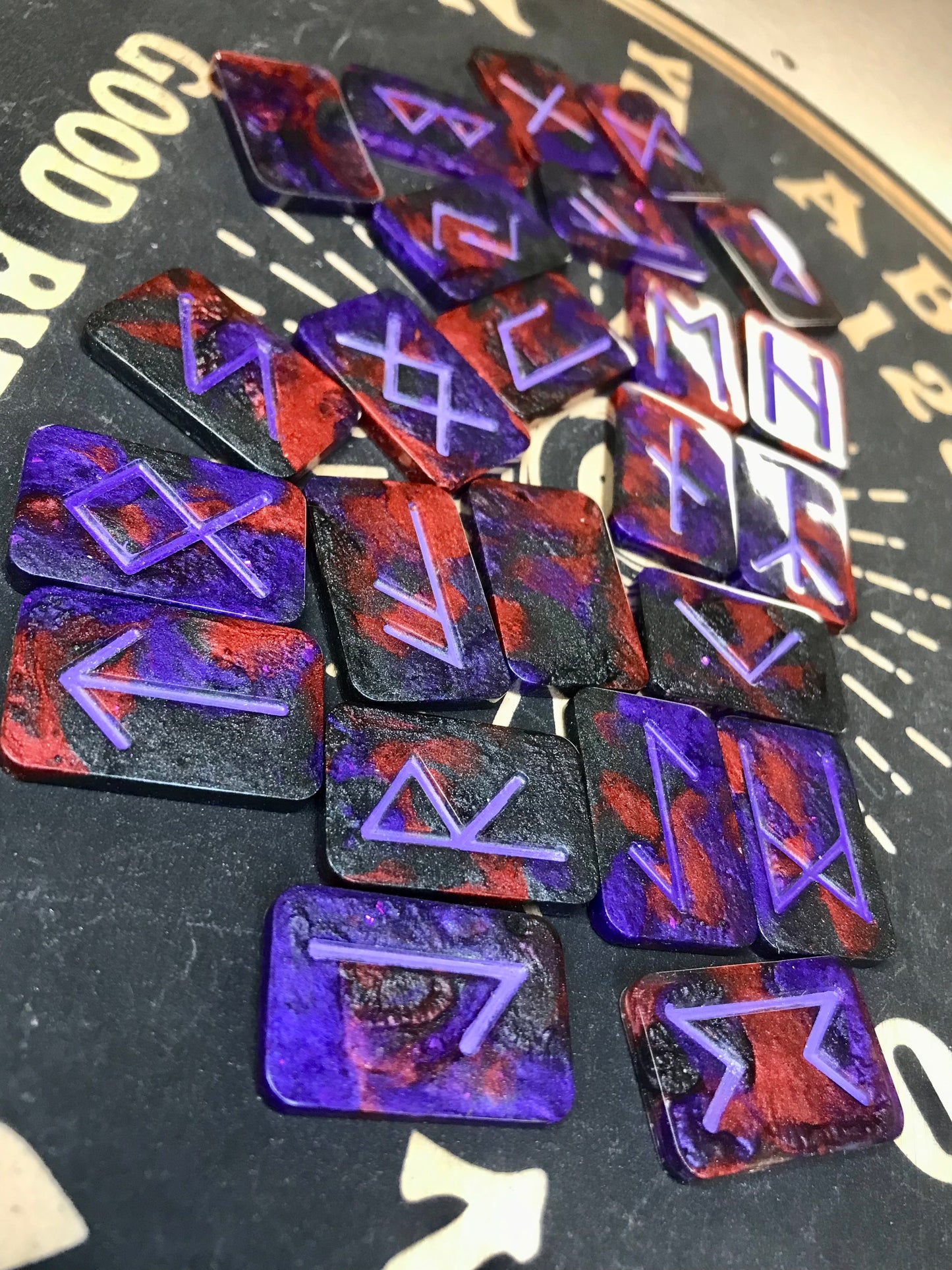 Red, Purple & Black Elder Futhark Resin Rune Tiles Set, 25 pc + Bonus Crystal & Bag
