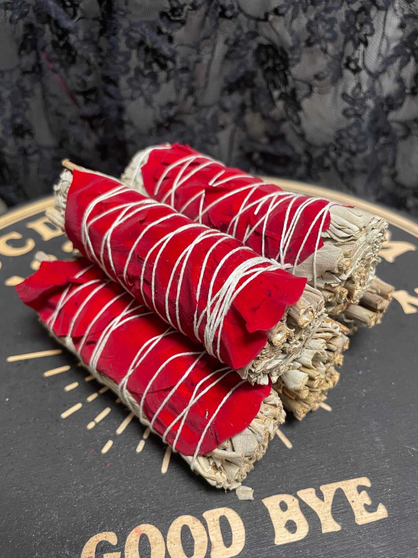 White Sage & Red Rose Petals Smudge Stick, 4 in