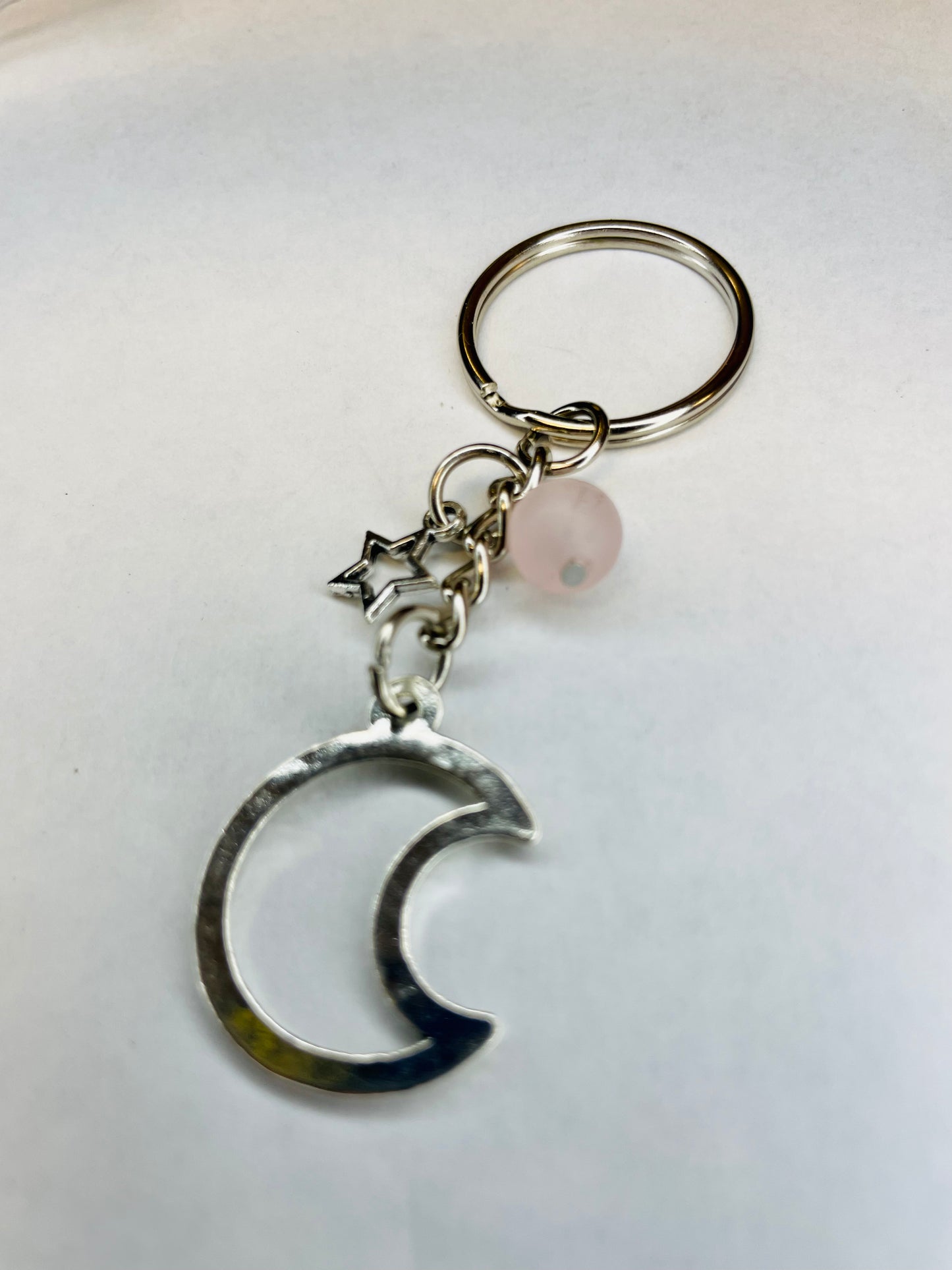 Crescent Moon and Star Rose Quartz Keychain