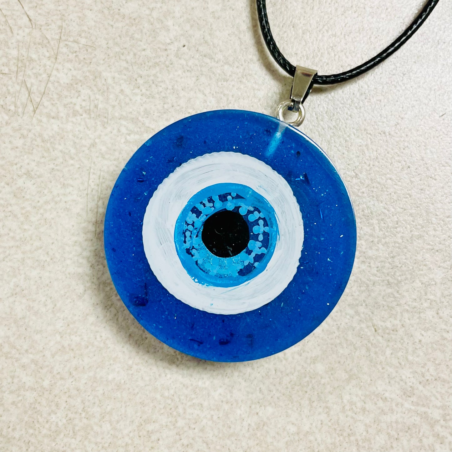 Evil Eye Protection Necklace, Black Wax Cord, Plain Blue w Glitter Flecks