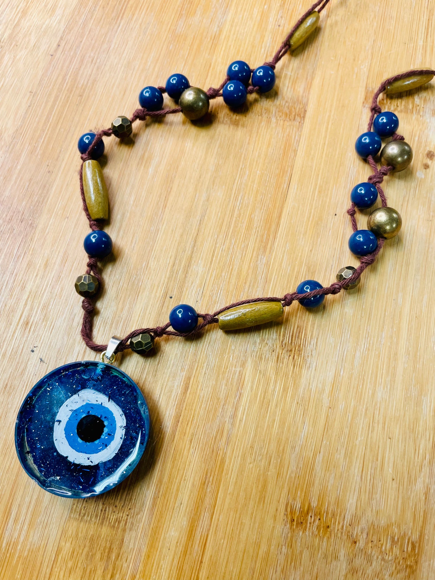 Glitter Evil Eye Protection Necklace Amulets, Handmade, Blue & Gold Beads, Recycled