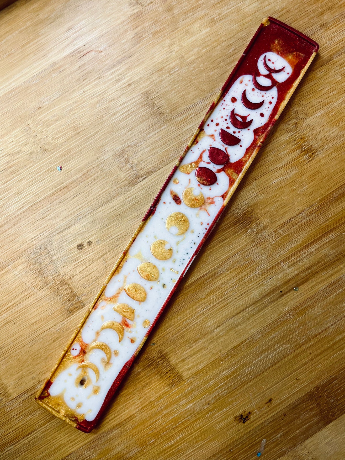 Moon Phase Incense Stick Holder / Red, White & Gold