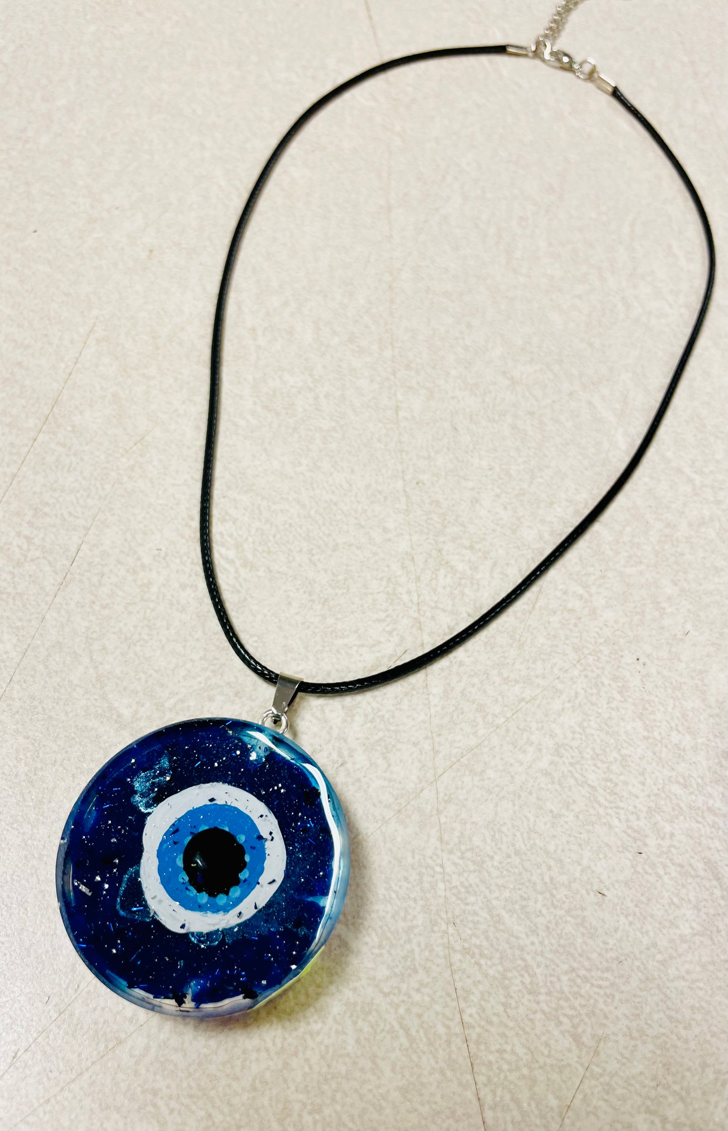Evil Eye Protection Necklace, Black Wax Cord, Blue Glitter