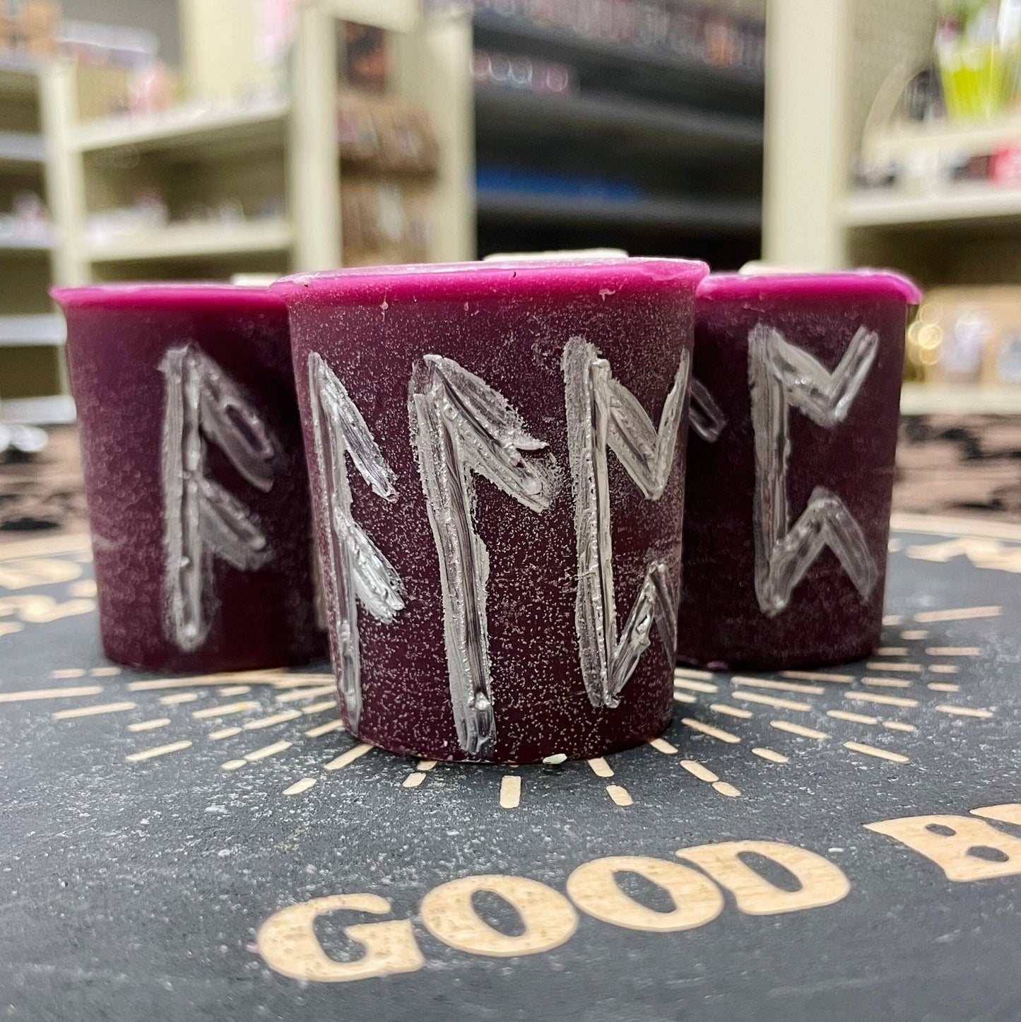 Divine Visions Rune Spell Candle Votive, Dark Purple Beeswax Candle, Lavender Scent
