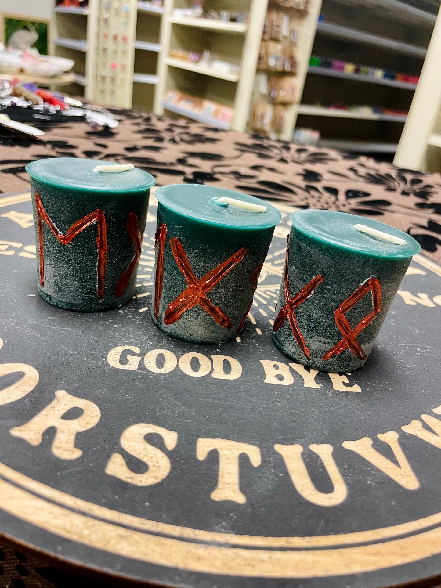 Strength Rune Spell Candle Votive, Dark Green Beeswax Candle, Sage Scent