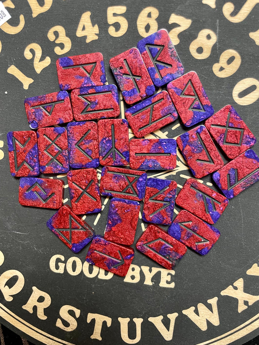 Red & Purple Elder Futhark Resin Rune Tiles Set, 25 pc + Bonus Crystal & Bag