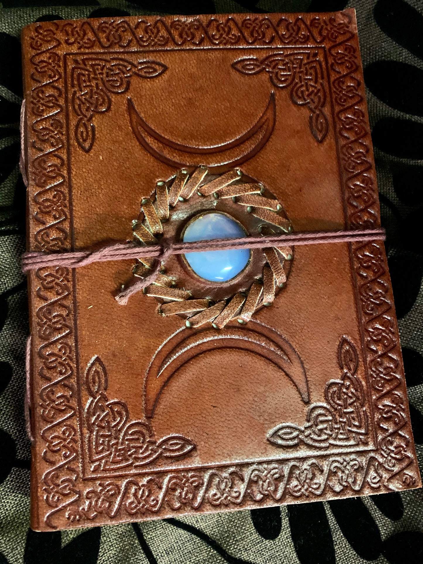 Triple Moon Leather Journal with Opalite Crystal, 5x7in