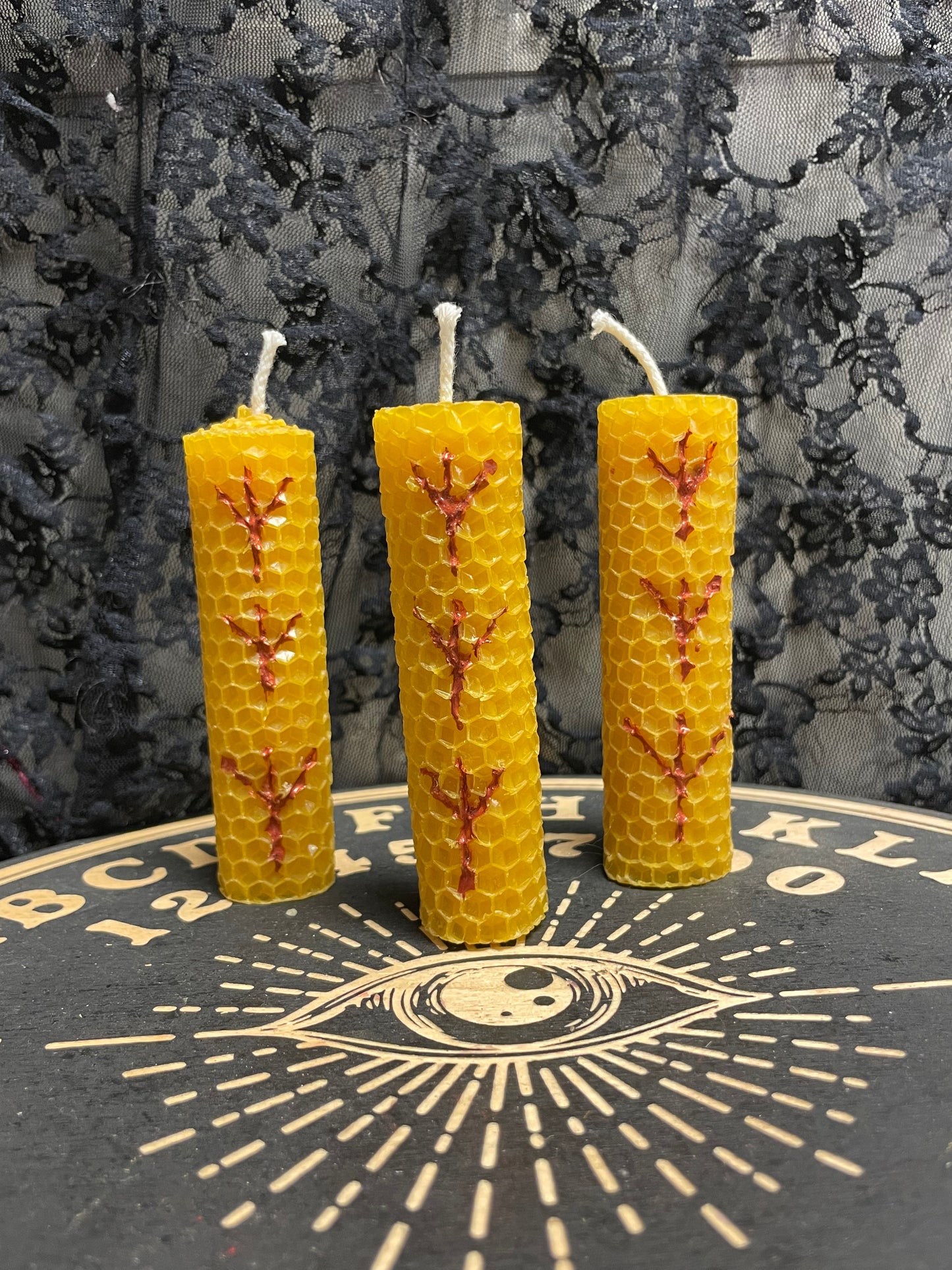 Protection Rune Beeswax Pillar Candle, 6 inch, Rolled Beeswax, Carved and Painted Candle