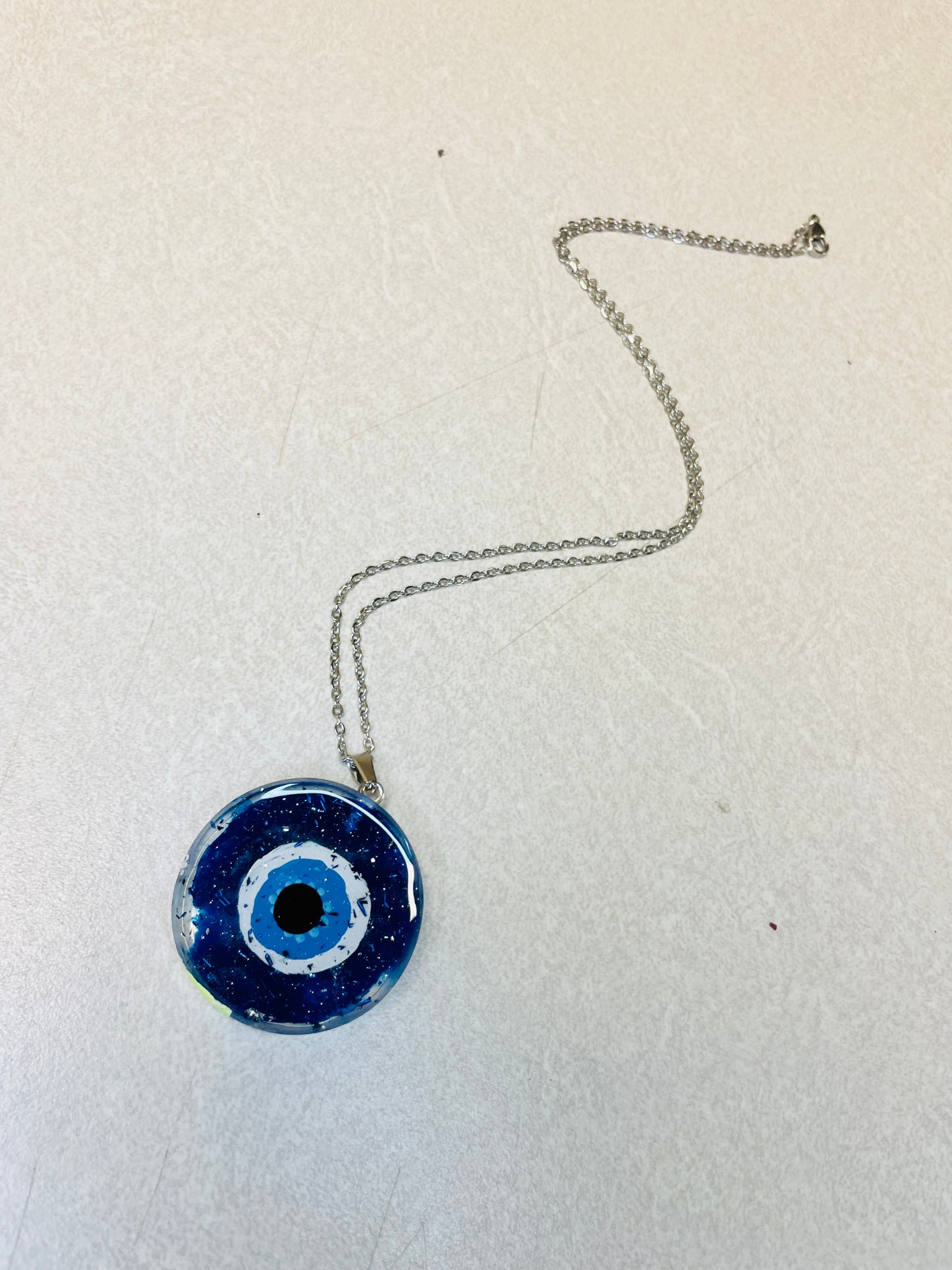Resin Glitter Evil Eye Protection Necklace Amulet, Silver Stainless Steel Chain, Blue Glitter + Free One-Time Chain Repair