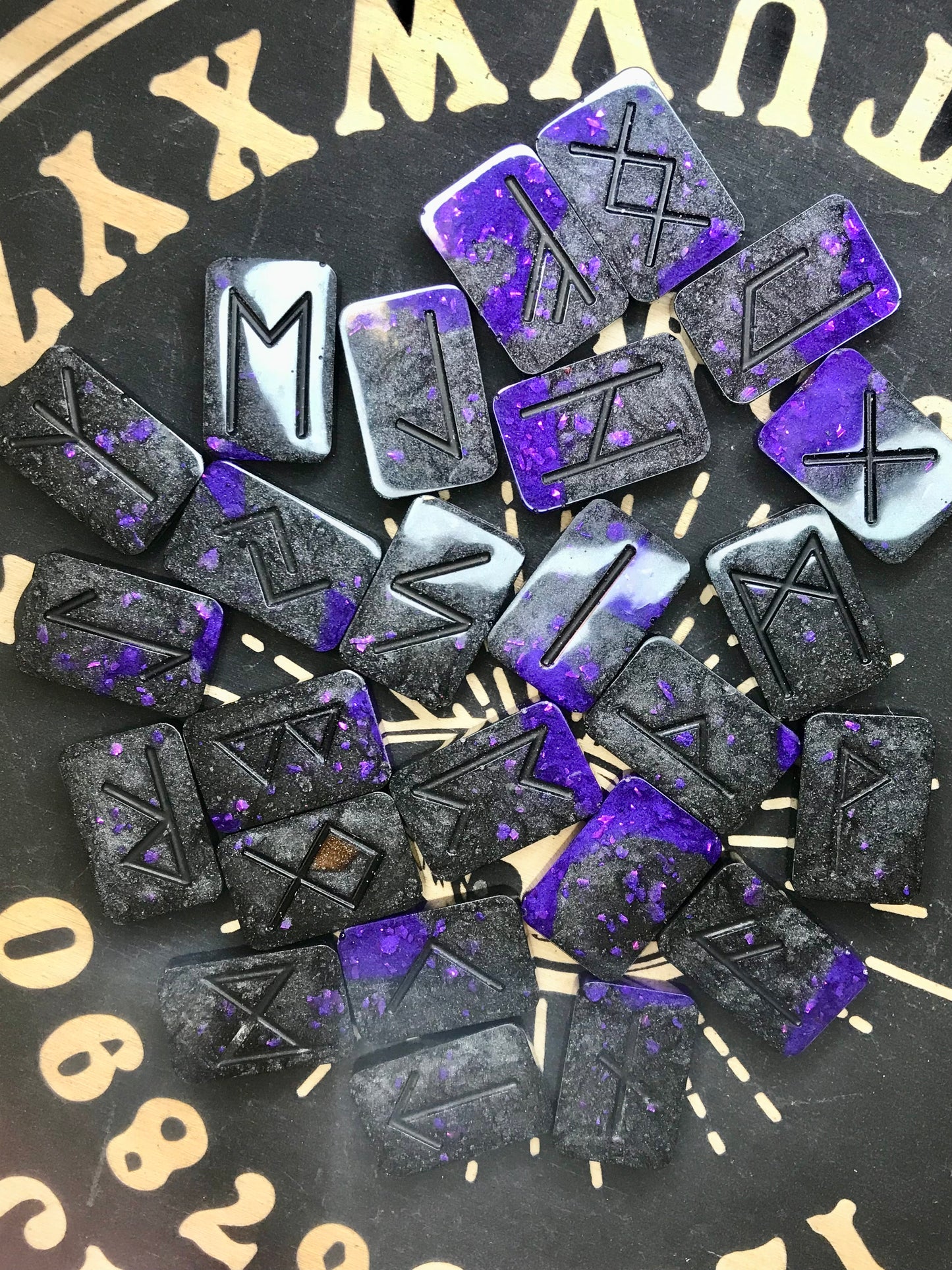 Purple & Black Elder Futhark Resin Rune Set, 25 pc + Bonus Crystal & Bag