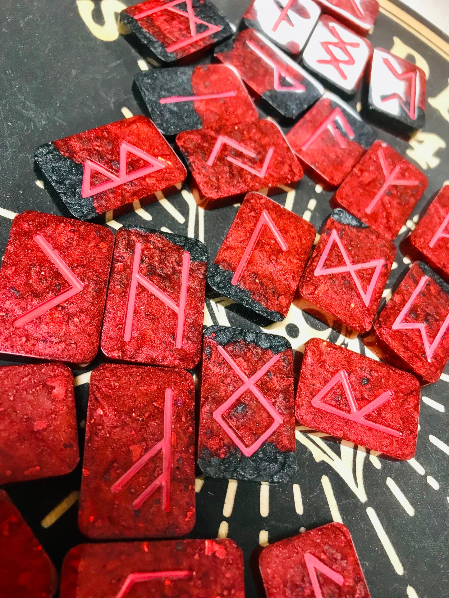 Red & Black Elder Futhark Resin Rune Set, 25 pc + Bonus Crystal & Bag