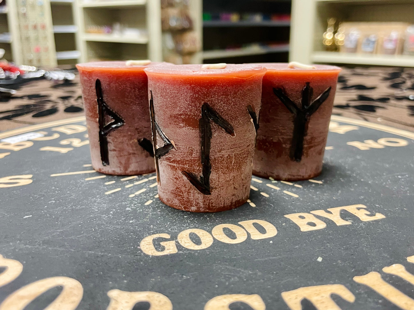 Drive Away Evil Protection Runes Spell Candle Votive, Brown Beeswax Candle, Clove Scent