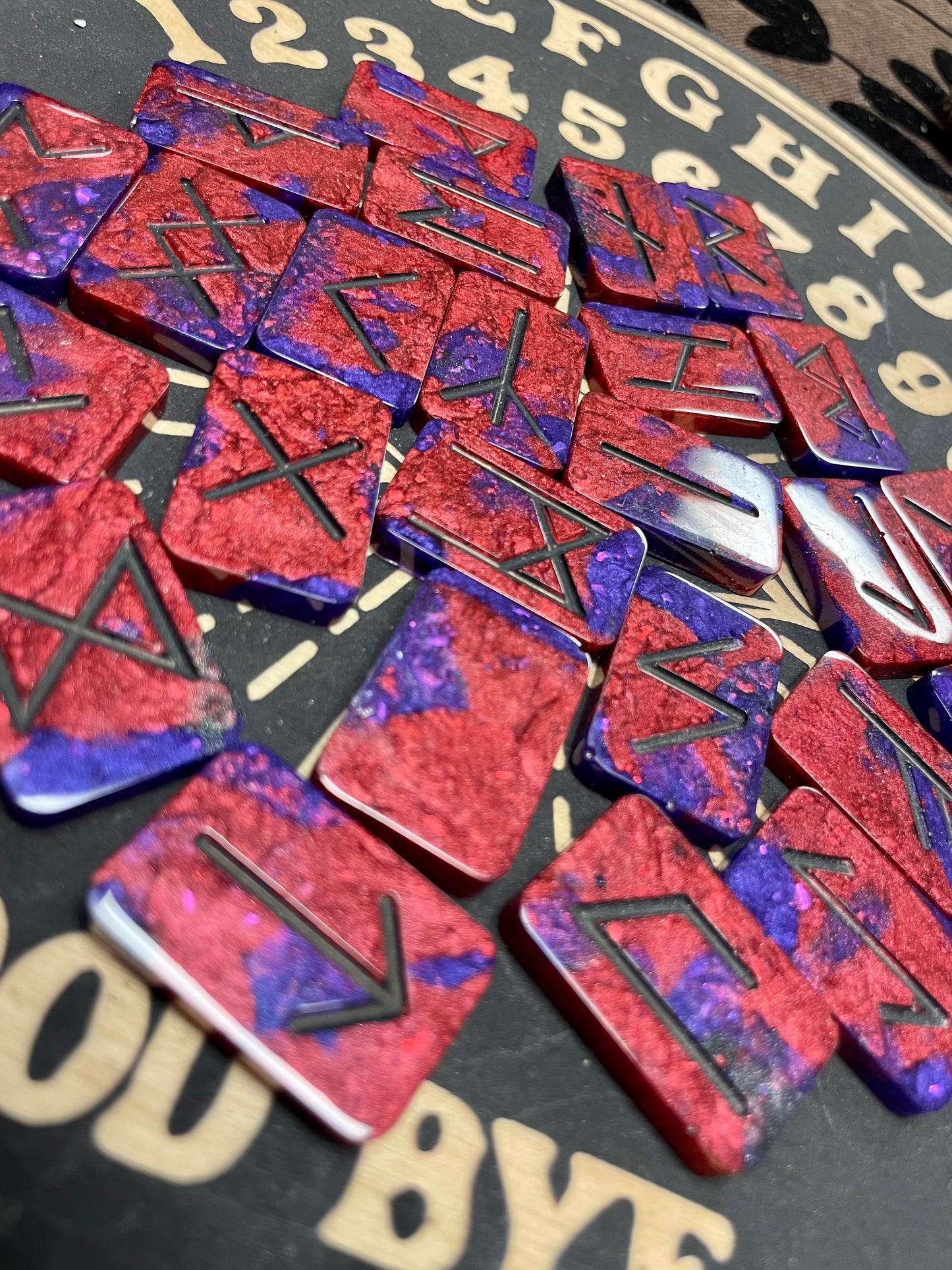 Red & Purple Elder Futhark Resin Rune Tiles Set, 25 pc + Bonus Crystal & Bag