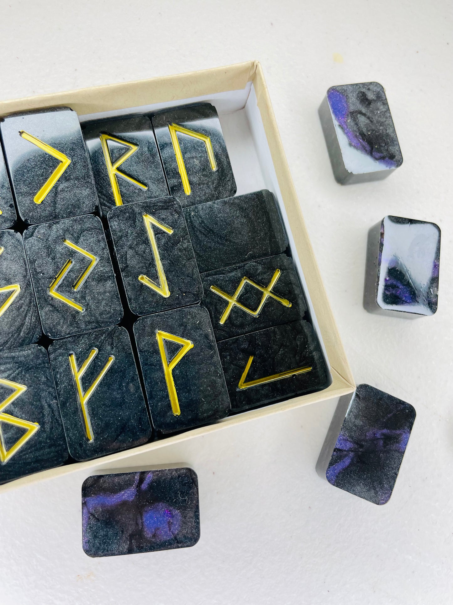 Purple & Black Elder Futhark Full Size Resin Rune Set, 25 pc + Bonus Crystal & Bag