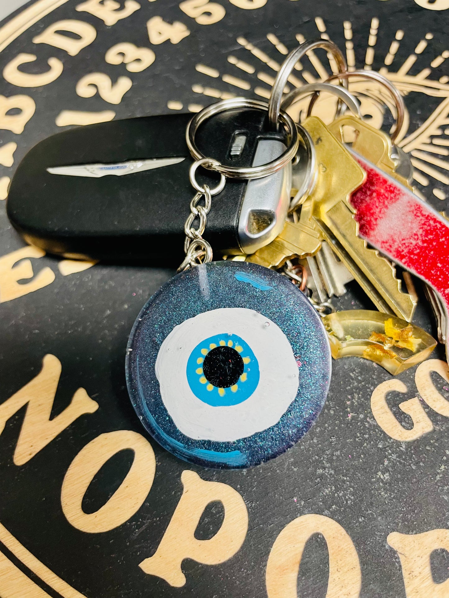 Evil Eye Protection Keychain, Bloodstone Crystal, Hand-painted