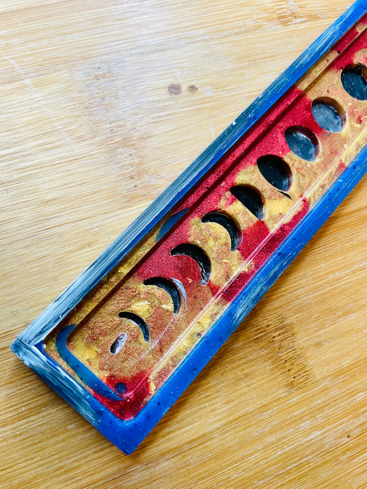 Moon Phase Incense Stick Holder / Red, Gold & Blue